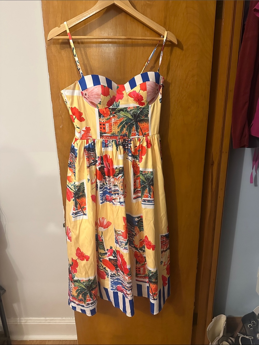 Yellow Floral Print Sundress with Blue Stripe Trim